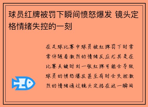 球员红牌被罚下瞬间愤怒爆发 镜头定格情绪失控的一刻 球员红牌被罚下瞬间愤怒爆发 镜头定格情绪失控的一刻
